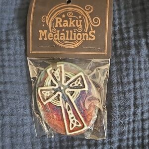 Raku Medallions Iridescent Cross Pendant - Multicolor